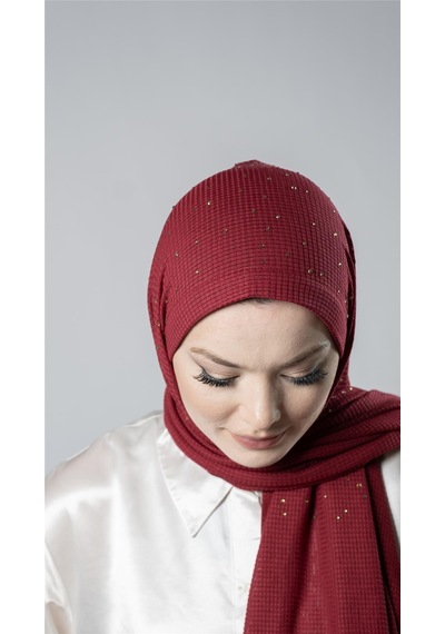 Hürrem Bone Bordo Pratik Hazır Geçmeli Tesettür Şal Örme Kumaş Taş Desenli 2118t 16