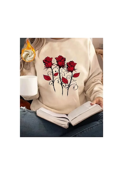 Herkesemoda Güller Baskı Detaylı Bisiklet Yaka Sweatshirt Bej