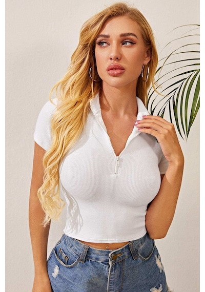 Fantezia Night Kadın Siyah Yarım Fermuarlı Ve Kısa Kollu Crop Top Bluz Beyaz