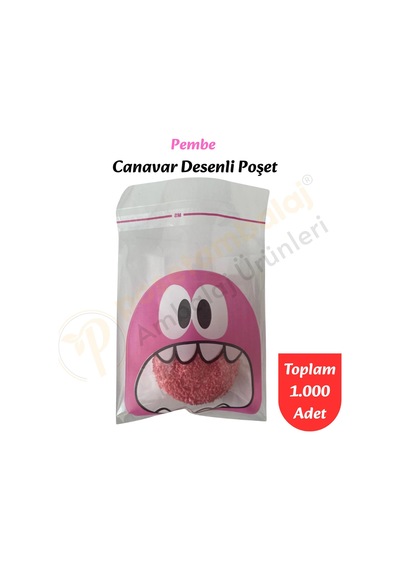1.000 Adet Pembe Canavar Desenli Cake Pop & Kurabiye Poşeti-10x15 Cm