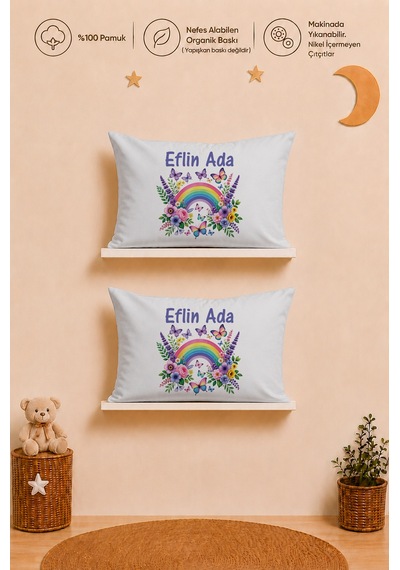 İsme Özel Kız Bebek 2'li Yastık Kılıfı 35x45 Cm %100 Pamuk Organik Baskılı İsimli Bebek Hediyesi 1045y2