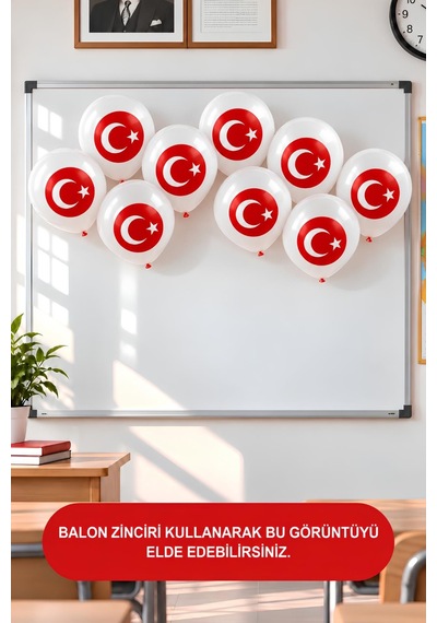 Türk Bayrağı Baskılı Beyaz Lateks Balon 10'lu Set 12 İnç Milli Bayram Parti Balonu Çok Renkli