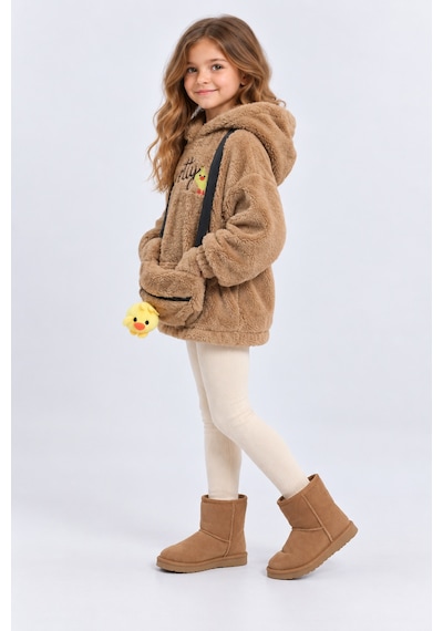 Ahengim Kız Çocuk Peluş Kapüşonlu Sweatshirt Pretty Nakışlı Oyuncak Aksesuarlı Çantalı Kışlık Üst Ak4130 Kahverengi