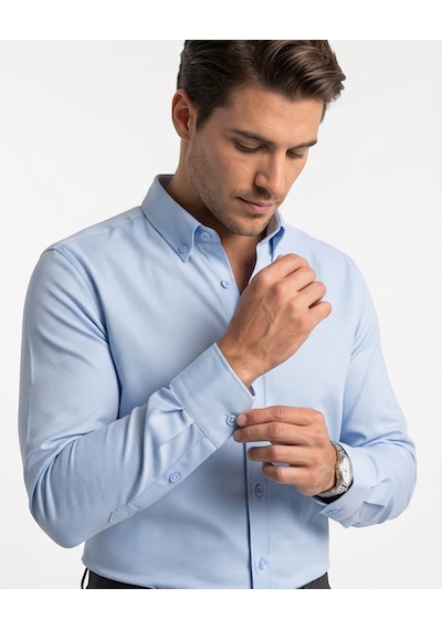 Özeniş Erkek Cepsiz Pamuklu Uzun Kollu Oxford Slim Fit Gömlek Açik Mavi