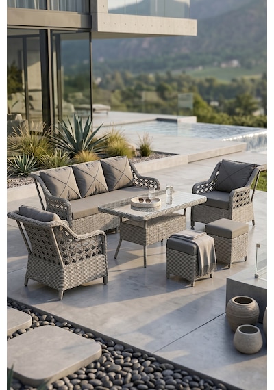 Canisa Anemon Serisi 1. Sınıf 3+1+1+2 Puf Gri Rattan Gri Minder Bahçe Balkon Oturma Koltuk Takımı Canisa Anemon Serisi 1. Sınıf 3+1+1+2 Puf Gri Rattan Gri Minder Bahçe Balkon Oturma Koltuk Takımı
