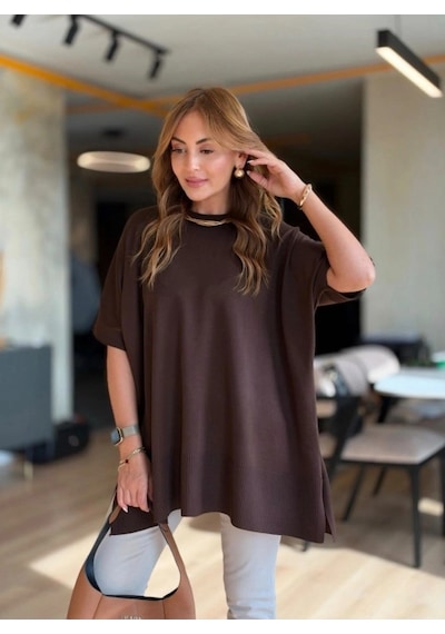 Zennamoda Kadın Bisiklet Yaka Kısa Yarasa Kollu Yanları Yırtmaçlı Oversize Dökümlü Merserize Bluz Kahve Zennamoda Kadın Bisiklet Yaka Kısa Yarasa Kollu Yanları Yırtmaçlı Oversize Dökümlü Merserize Bluz Kahve
