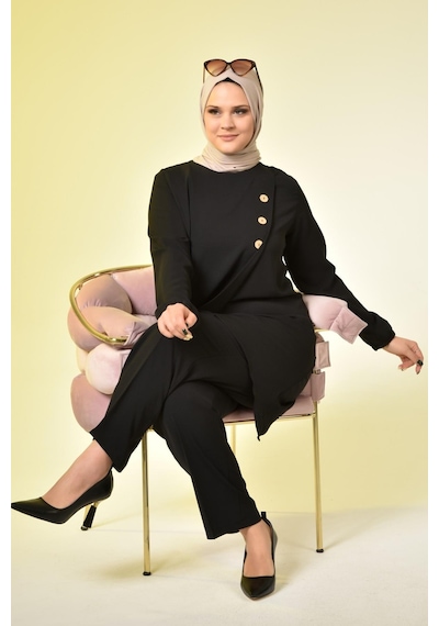 Ferace Kadin Buyuk Beden Düğmeli İkili Tesettur Tunik Takım 001