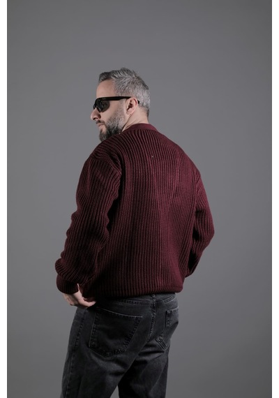 Dokulu Oversize Erkek Kalın Hırka Bordo