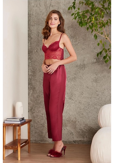 Pierre Cardin 7025 Kadın Bordo 4'lü Saten Takım Gelin Set Bordo