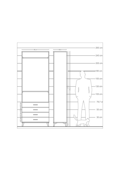 Arges Dolap 2 Raflı 4 Çekmeceli Tek Askılı 88x30x243 Antrasit-çam Antrasit