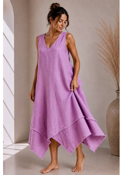 Bb Butik Basic İtalyan Keten V Yaka Asimetrik Salaş Elbise Dm0935 Pudra