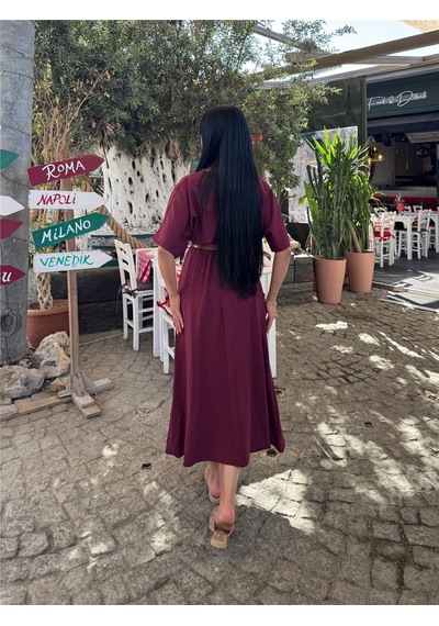 WeShaya Bordo Kruvaze Kemerli Saten Elbise Bordo