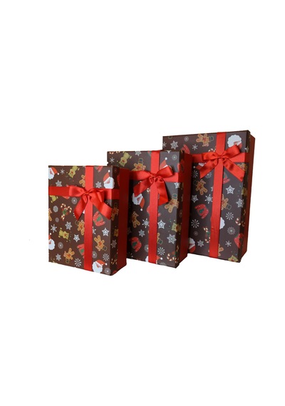 Kolix 3'lü Yılbaşı Temalı Dekoratif Fiyonklu Hediye Kutusu Kahverengi 35x25x13 Cm Büyük Boy