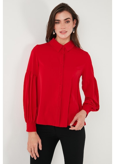 Lela Regular Fit Dikiş Detaylı Düz Yaka Balon Kol Bayan Gömlek 611Go00003 Kırmızı