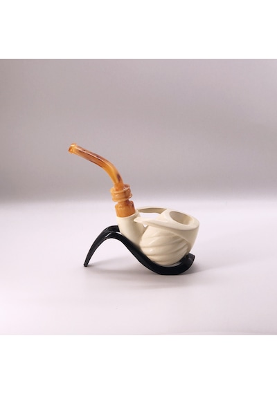 El Oyma Lületaşı Pipo Modern Spiral Tasarım, Amber Akrilik Ağızlık 15 Cm