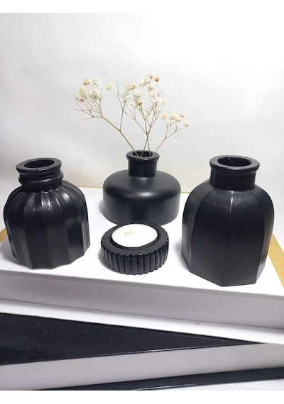 Modern Minimal Vazo Set 3'lü, Ev & Ofis Hediyelik, Dekoratif Obje, Siyah