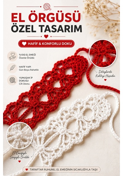 Türkiye Kadın Taraftar Bandanası El Örgüsü Kırmızı Beyaz Saç Bandı Milli Takım Kombini Ayarlanabilir İkili Set