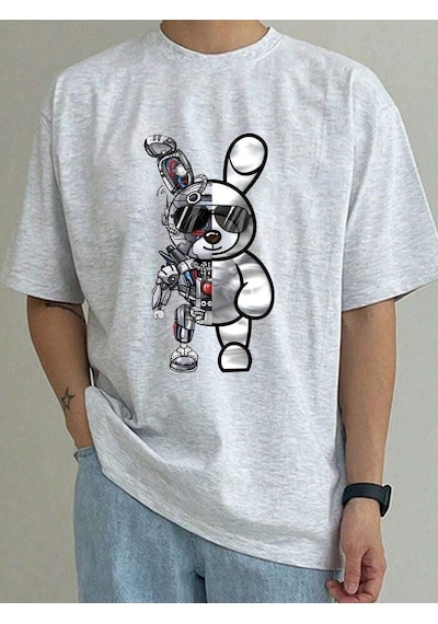 Robotic Rabbit Süprem T-shirt - Gri Baskılı Oversize Bisiklet Yaka Tişört Gri-75866