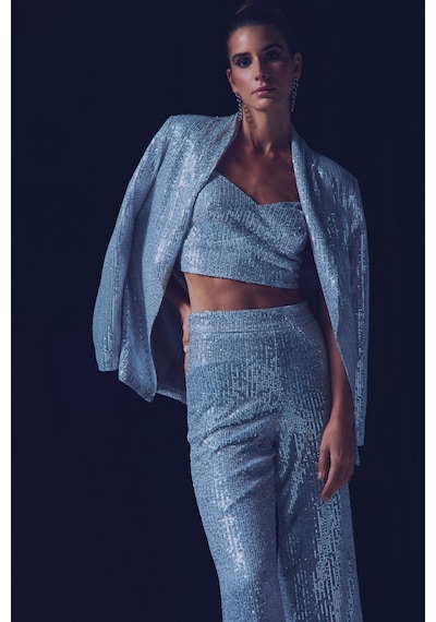 Sateen Kalın Askılı Payet Crop - Gri-135342 Gri