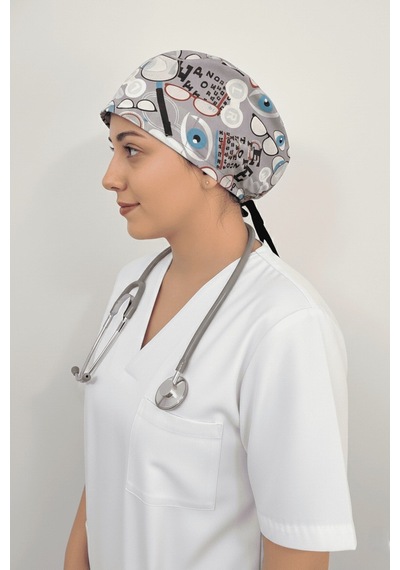 Unisex Göz Desenli Göz Doktoru Hemşire Medikal Cerrahi Saç Bonesi Gri