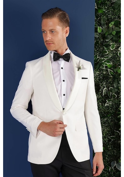 Efor Black 034 Slim Fit Saten Yaka Çift Yırtmaçlı Damatlık Ekru Smokin Ceket Ekru