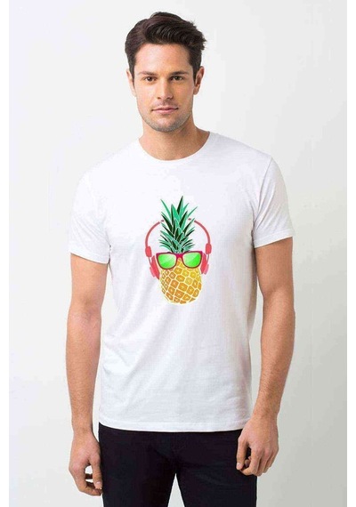 Ananas Retro Gözlük Baskılı Beyaz Erkek Tshirt