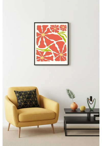 Doğal Ahşap Çerçeveli Retro Floral Tablo - Boho Çiçek Desenli Huhu2664