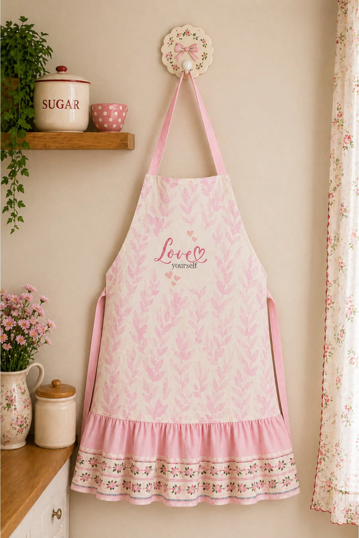 Ays Home Pudra Çiçekli Fırfırlı Mutfak Önlüğü Pembe