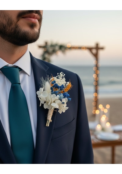Beyaz Ortancalı Kuru Çiçek Damat Yaka Çiçeği, Nikah, Nişan Ve Düğün Aksesuarı Lacivert