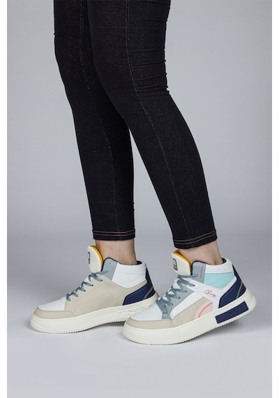 28756 Yüksek Bilekli Beyaz - Mavi Kadın Sneaker Günlük Spor Ayakkabı