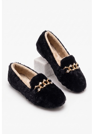 Nmoda Kadın Peluş Panduf Gold Zincir Taşlı Aksesuarlı Kapalı Loafer Yumuşak Tabanlı Kışlık Rahat Babet Siyah