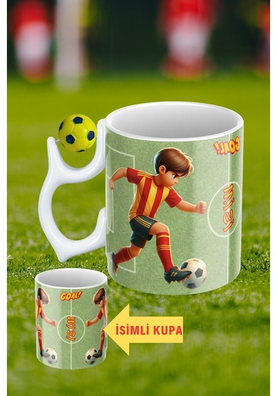Sarı Lacivert Futbol Toplu Sarı Kırmızı Forma Oyunculu Taraftar İsimli Baskılı Kupa Bardak Beyaz