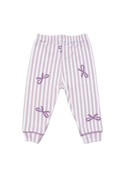 Bebegen Kız Bebek Beyaz Lila Fiyonklu Çizgili Pijama Takımı Çok Renkli