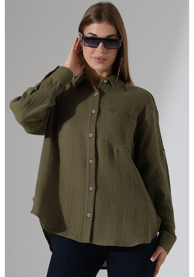 Oversize Basic Müslin Gömlek Haki
