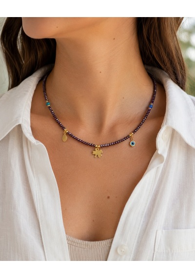 Mystic Nazar Mor Kristal Görünümlü Boncuklu, Turkuaz Detaylı Yonca Ve Nazar Charm Kadın Choker Kolye Renkli Mystic Nazar Mor Kristal Görünümlü Boncuklu, Turkuaz Detaylı Yonca Ve Nazar Charm Kadın Choker Kolye Renkli