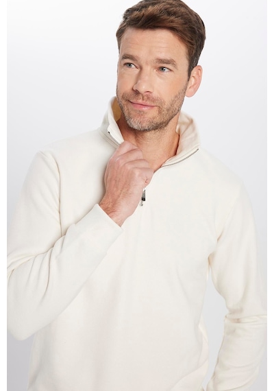 Tudors Unisex Relax Fit Rahat Kesim Fitilli Desenli Pamuklu Yarım Fermuarlı Ekru Dik Yaka Sweatshirt-31978 Ekru