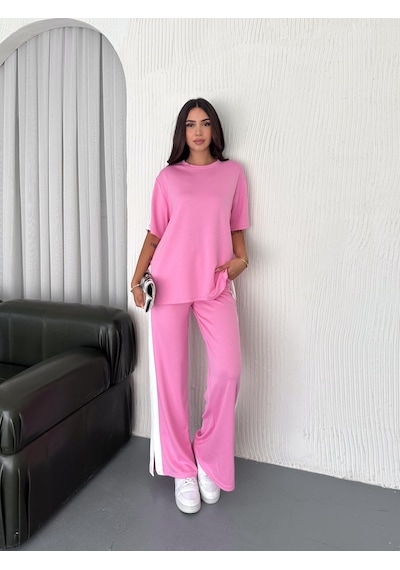 Elaxi Modal Şeritli Yırtmaç Detaylı Pantolon Tişort Takım Pembe