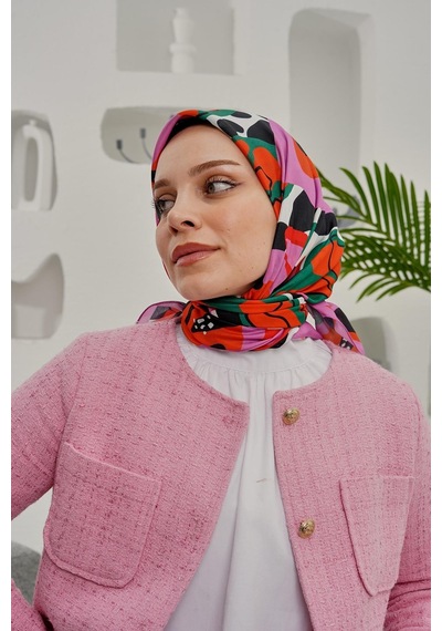 Afvente Yaprak Desen Pembe Soft Pamuk Eşarp