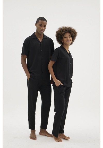 Angbutik Kocabey Kkt-26150 Apaj Yaka Boydan Düğmeli Pijama Takımı Siyah