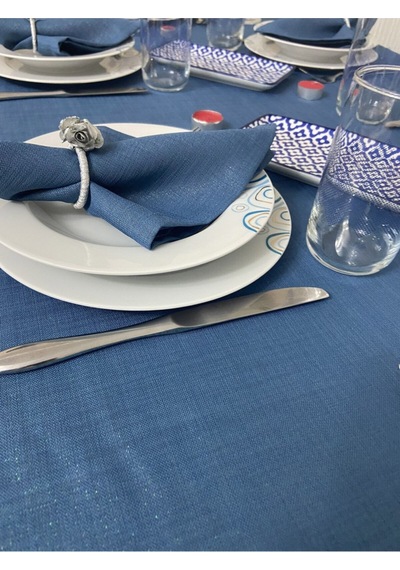 Simli Keten Görünümlü Begonvil Masa Örtüsü Indigo Mavi 25 Parça Set