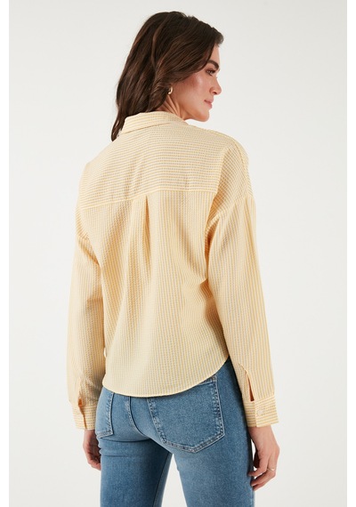 Lela Regular Fit Çizgili Göğüs Cepli Dokulu Bayan Gömlek 6772870 Sarı