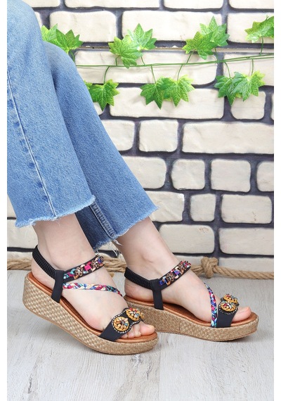 Vojo Daisy Rahat Taban Taş Boncuk Detaylı Kadın Sandalet 267800001858 01 Siyah Siyah