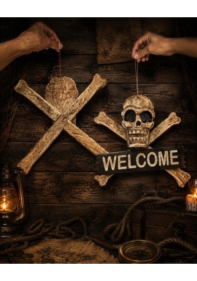 Ahşap Korsan Kuru Kafa Welcome Duvar Süsü Dekoratif Kapı Ve Duvar Askısı