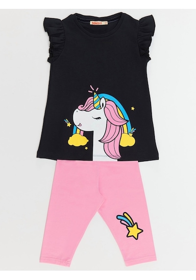 Denokids Unicorn Gücü Kız T-Shirt Tayt Takım Çok Renkli