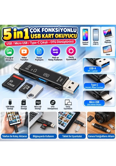 Ers 5 In 1 Çok Fonksiyonlu Usb 2.0 Micro Sd Kart Okuyucu - Usb/micro Usb/type-c Çıkışlı, Otg Çevirici
