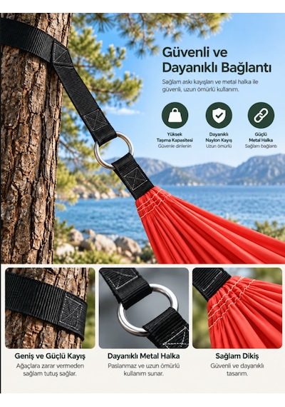 Beylini Jarse Kamp Hamağı 140 Kg Kapasite Çantalı Kumaş Katlanır Taşınabilir Bahçe Piknik Hamak Kırmızı