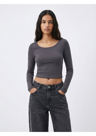 LTB Uzun Kollu Bisiklet Yaka Crop Antrasit Sweatshırt Karışık
