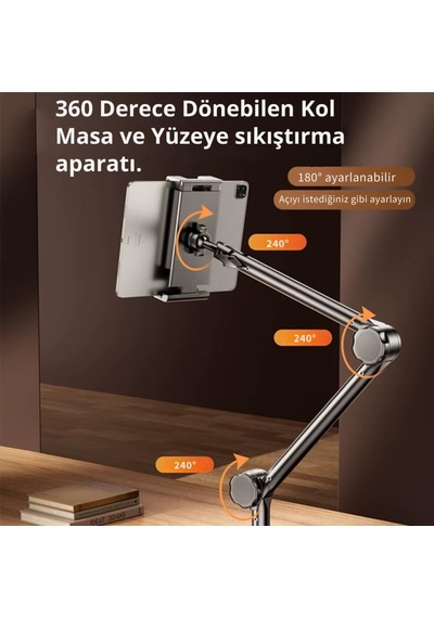 Lexroo Teleskopic Ayarlanabilir Klipsli Yatak Masa Kenarı İçin Tablet Standı Tablet Tutucu 360