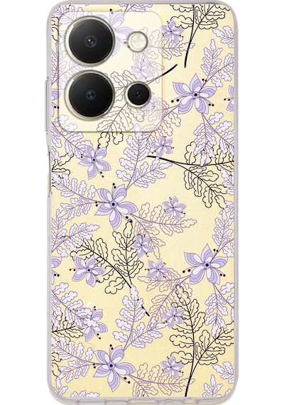 Vivo Y36 Uyumlu Kamera Korumalı Floral Lila Tasarımlı Şeffaf Silikon Kılıf