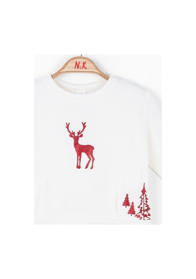 Nk Kids Kız Çocuk Parlak Kırmızı Geyik Desenli Sweatshirt-13488 Ekru